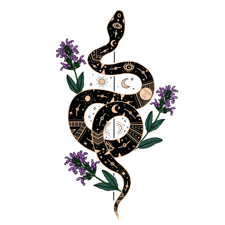 A sticker of a snake with a pattern on it and a sacred salvia divinorum plant.